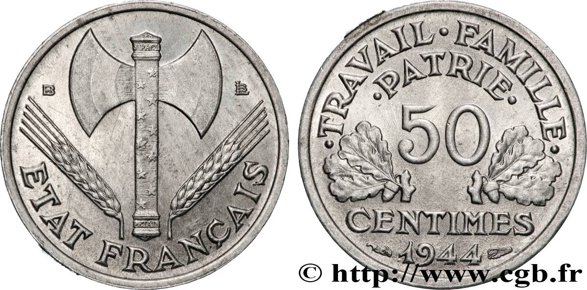 50 centimes Francisque, légère 1944 Beaumont-Le-Roger F.196/5 SPL63