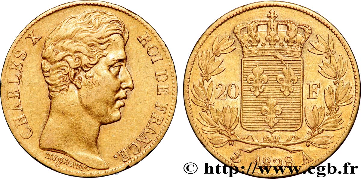 20 francs or Charles X, matrice du revers à quatre feuilles et demie 1828 Paris F.520/8 q.SPL
