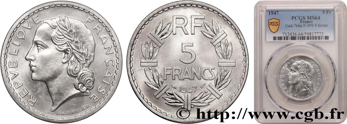 5 francs Lavrillier, aluminium 1947 F.339/10 SPL64 PCGS