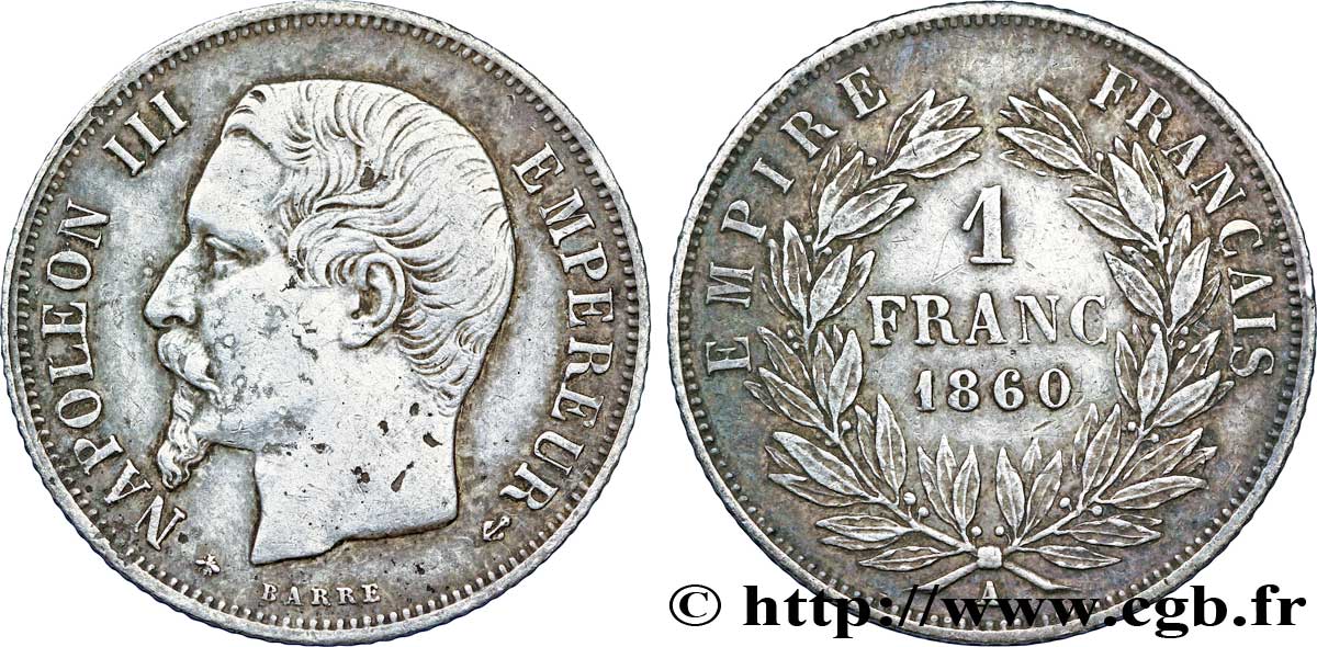 1 franc Napoléon III, tête nue 1860 Paris F.214/15 SS40 