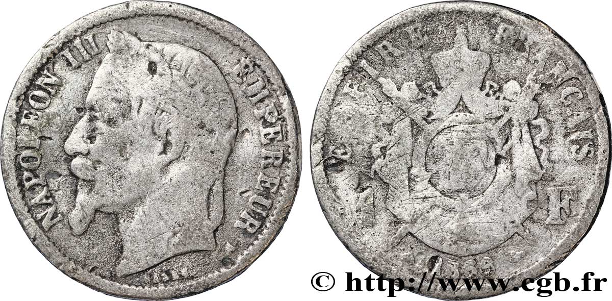 Faux de 1 franc Napoléon III, tête laurée 1866 Paris F.215/3 var. TB30 
