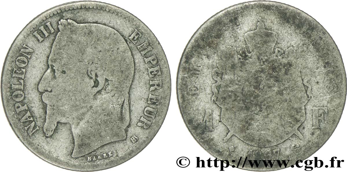 1 franc Napoléon III, tête laurée 1867 Strasbourg F.215/7 MC3 