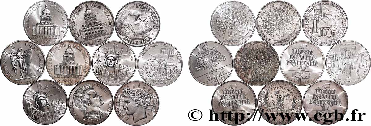Lot de 10 pièces de 100 francs commémoratives - - F.-/ SS