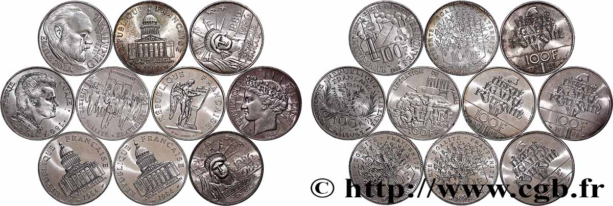 Lot de 10 pièces de 100 francs commémoratives - - F.-/ TTB