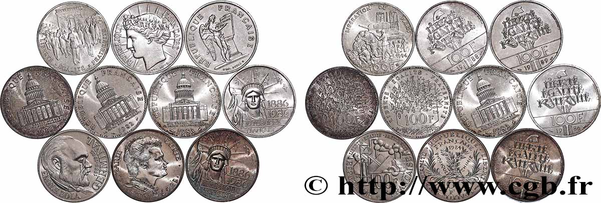 Lot de 10 pièces de 100 francs commémoratives - - F.-/ TTB