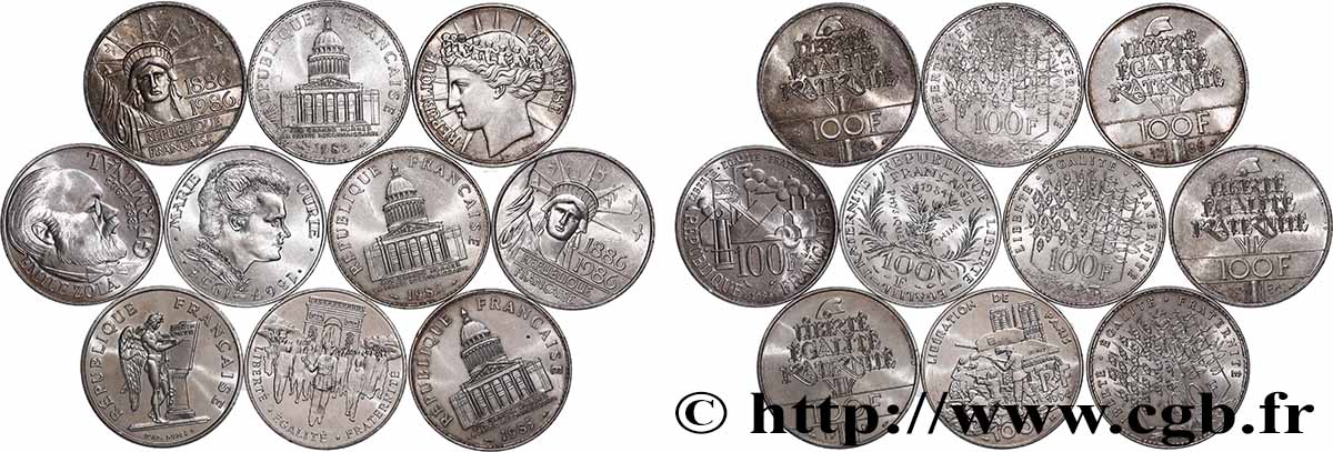Lot de 10 pièces de 100 francs commémoratives - - F.-/ TTB