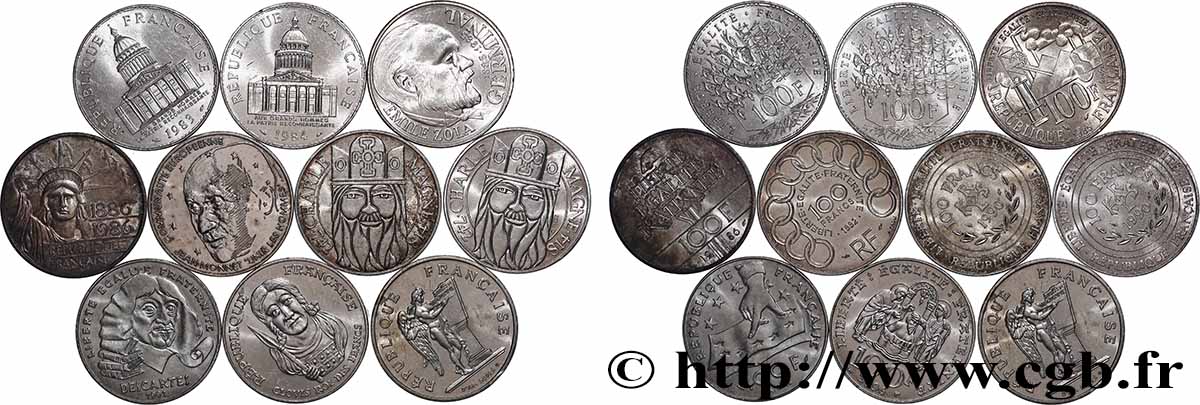 Lot de 10 pièces de 100 francs commémoratives - - F.-/ TTB
