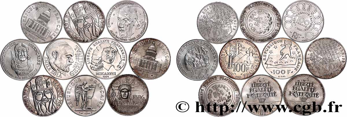 Lot de 10 pièces de 100 francs commémoratives - - F.-/ TTB