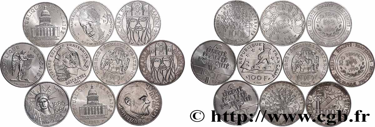 Lot de 10 pièces de 100 francs commémoratives - - F.-/ TTB
