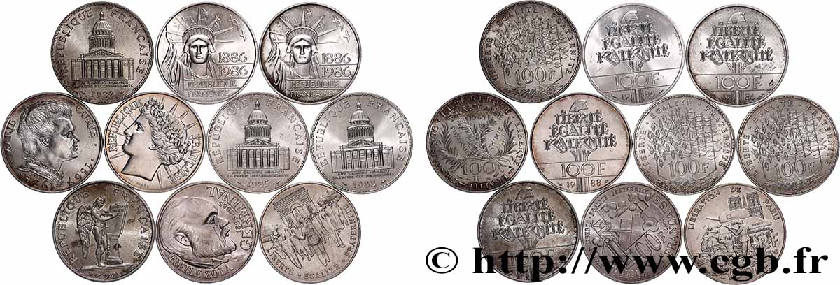 Lot de 10 pièces de 100 francs commémoratives - - F.-/ XF
