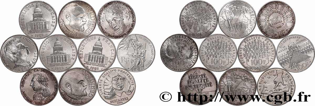 Lot de 10 pièces de 100 francs commémoratives - - F.-/ TTB