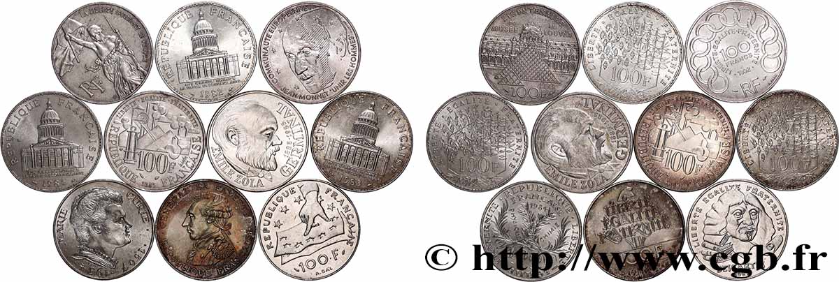 Lot de 10 pièces de 100 francs commémoratives - - F.-/ TTB