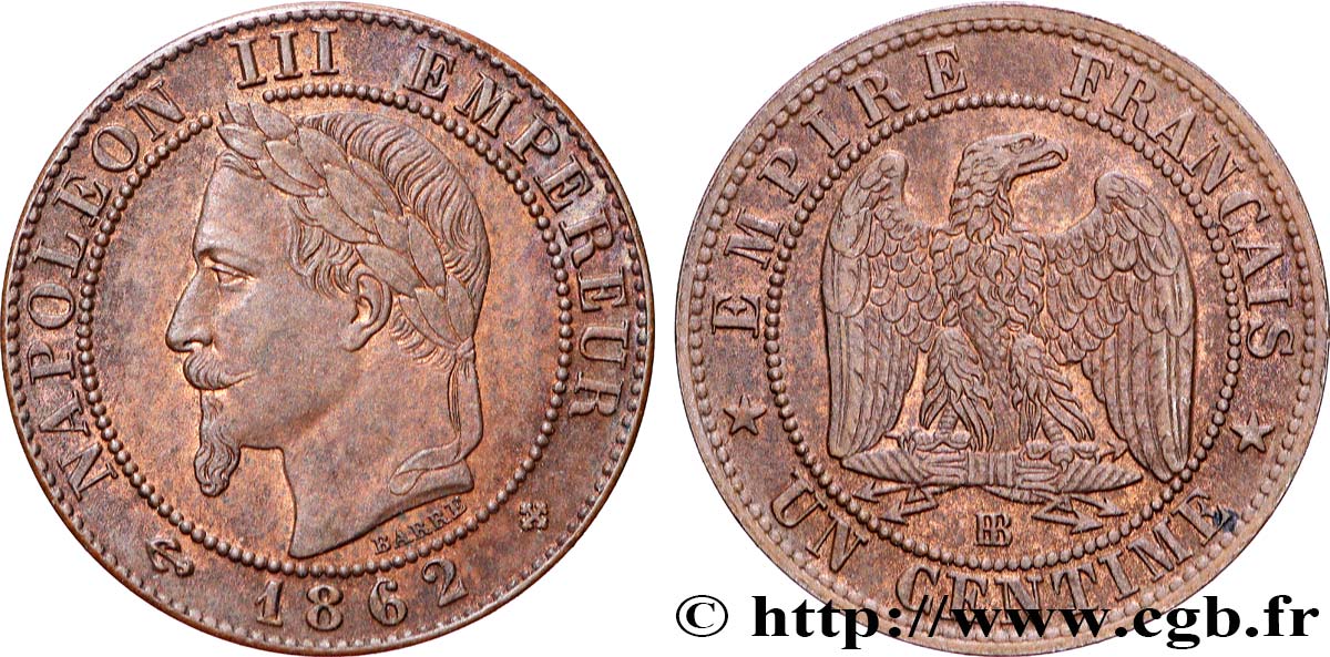 Un centime Napoléon III, tête laurée, petit BB 1862 Strasbourg F.103/5 SUP
