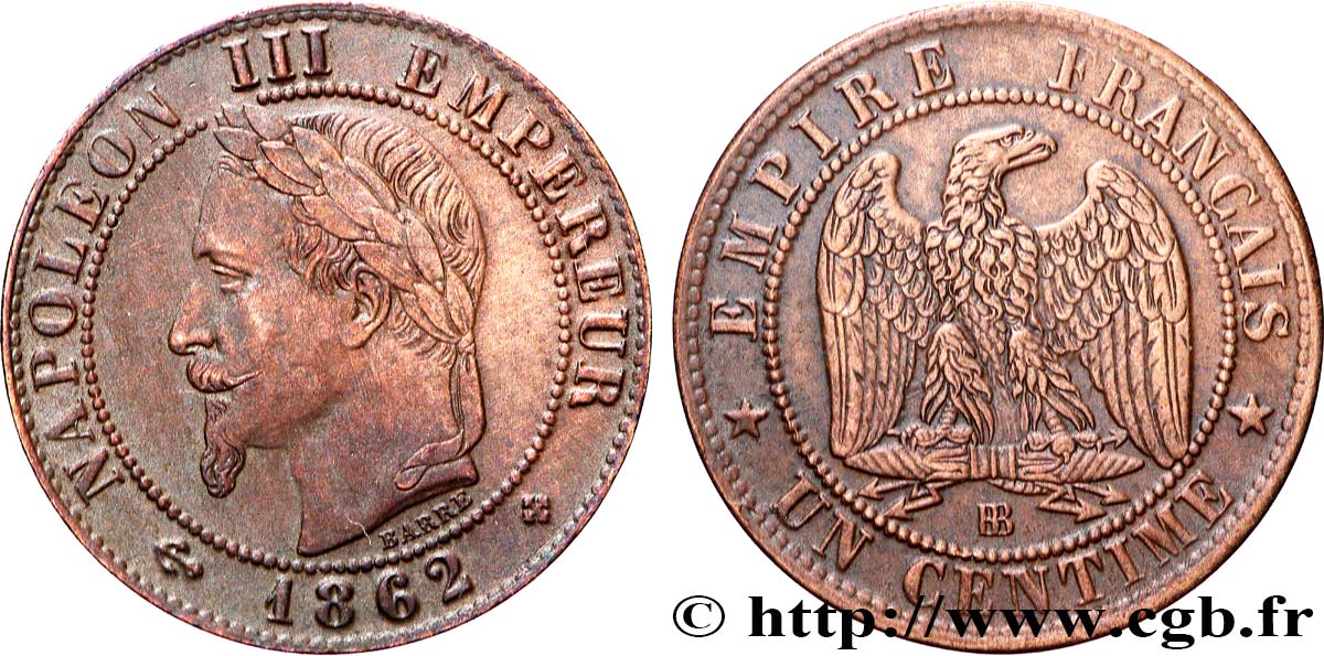 Un centime Napoléon III, tête laurée, petit BB 1862 Strasbourg F.103/5 SUP