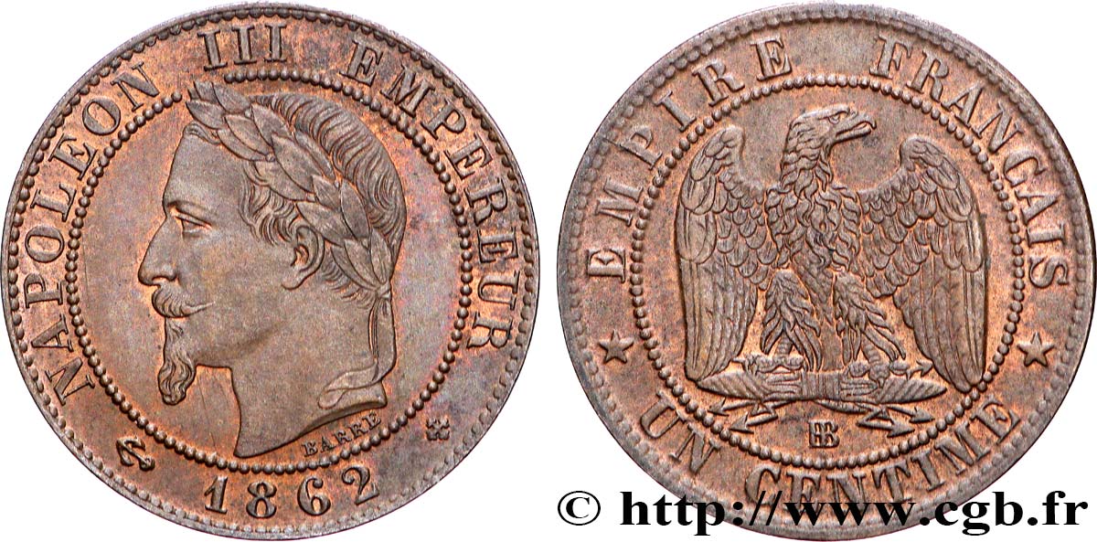 Un centime Napoléon III, tête laurée, petit BB 1862 Strasbourg F.103/5 SUP