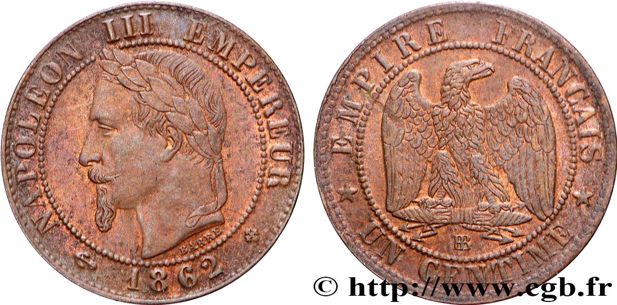 Un centime Napoléon III, tête laurée 1862 Strasbourg F.103/5 TTB+
