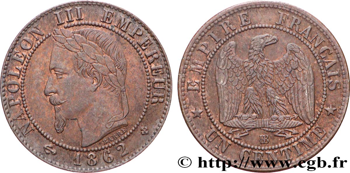 Un centime Napoléon III, tête laurée 1862 Strasbourg F.103/5 TTB+