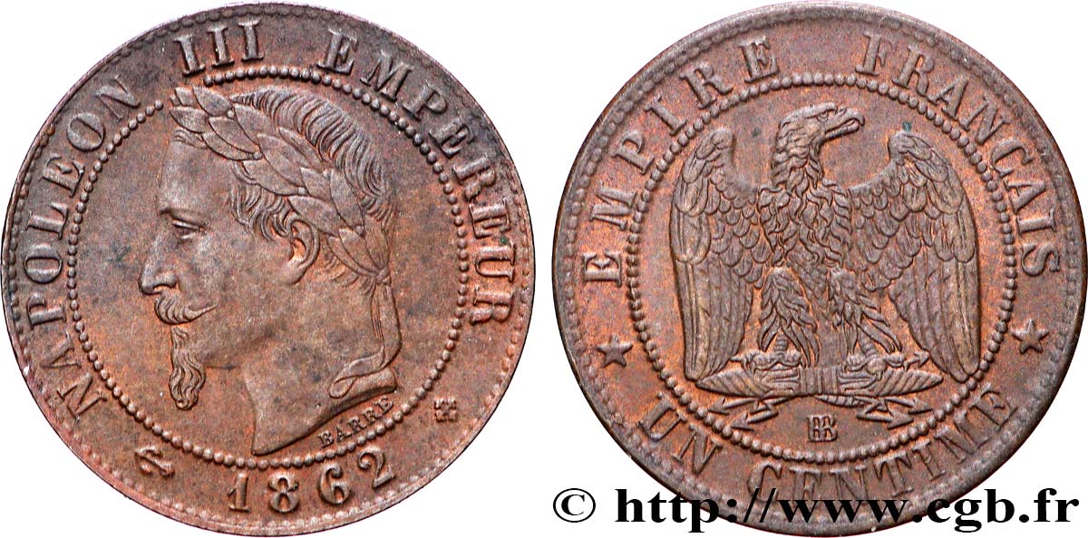 Un centime Napoléon III, tête laurée 1862 Strasbourg F.103/5 fVZ