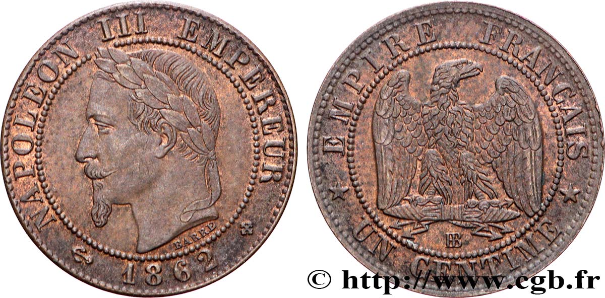Un centime Napoléon III, tête laurée 1862 Strasbourg F.103/5 TTB+