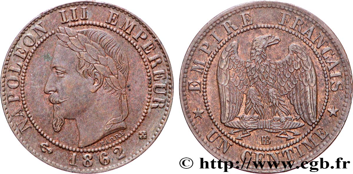 Un centime Napoléon III, tête laurée 1862 Strasbourg F.103/5 fVZ