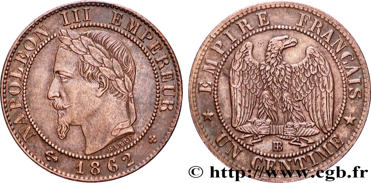 Un centime Napoléon III, tête laurée 1862 Strasbourg F.103/5 q.SPL