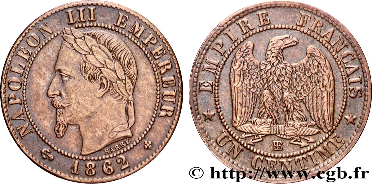 Un centime Napoléon III, tête laurée 1862 Strasbourg F.103/5 q.SPL
