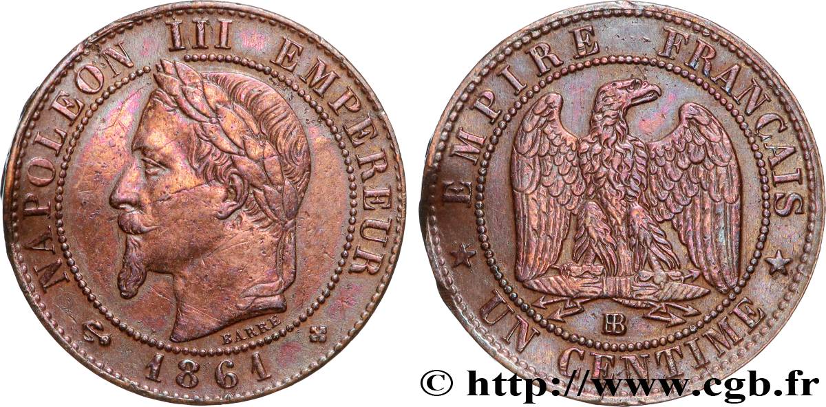Un centime Napoléon III, tête laurée 1861 Strasbourg F.103/2 VF