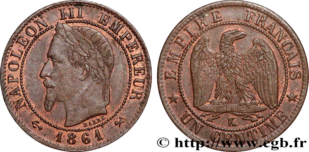 Un centime Napoléon III, tête laurée 1861 Bordeaux F.103/3 TB