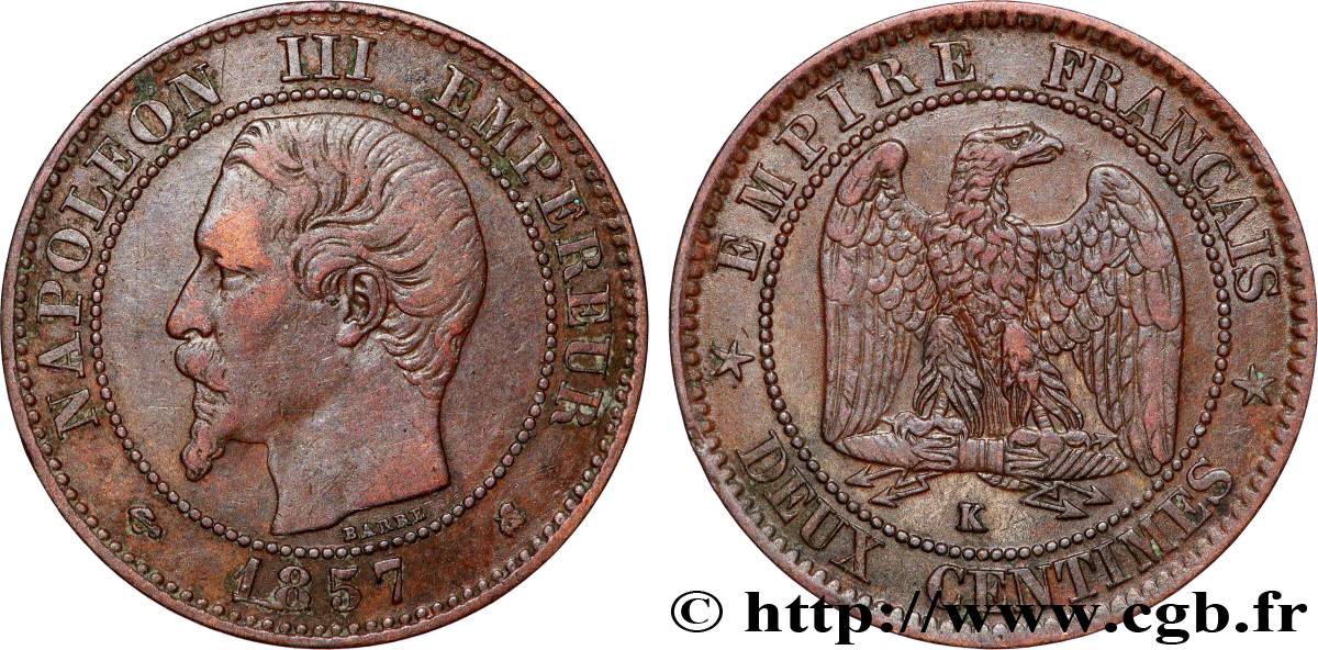 Deux centimes Napoléon III, tête nue 1857 Bordeaux F.107/49 TB+