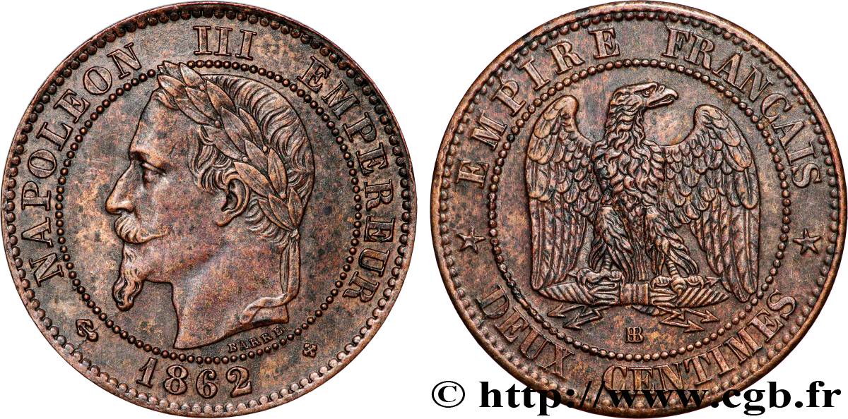 Deux centimes Napoléon III, tête laurée 1862 Strasbourg F.108A/5 SUP