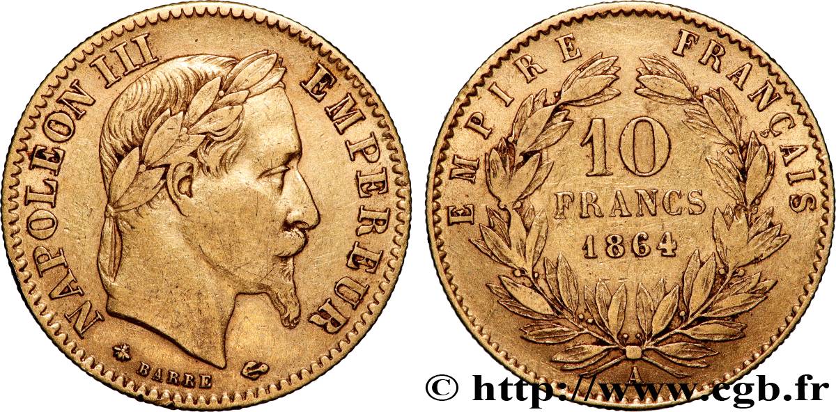 10 francs or Napoléon III, tête laurée, type définitif à grand 10 1864 Paris F.507A/6 S