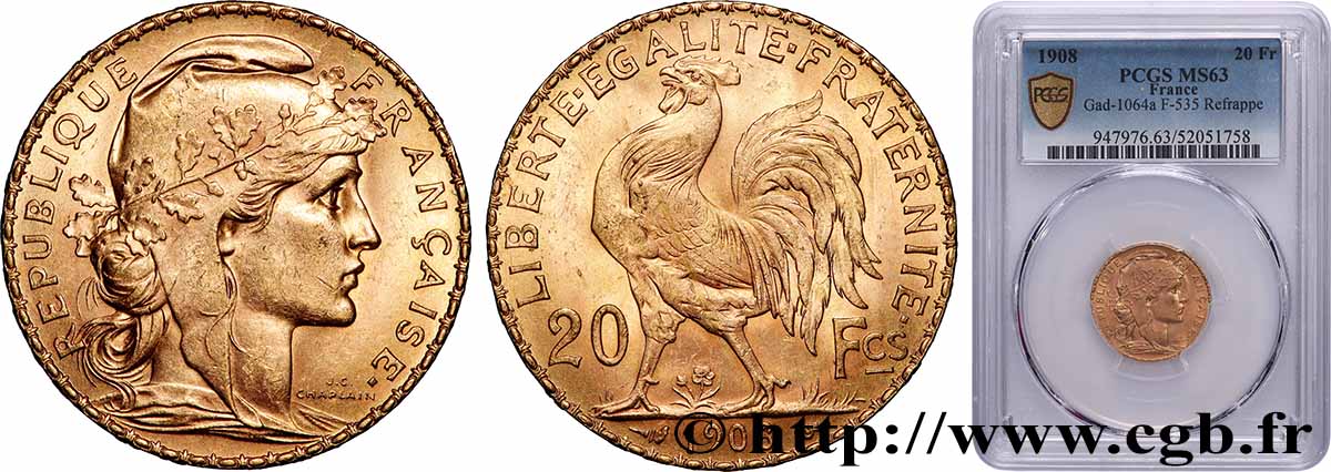 20 francs or Coq, Liberté Égalité Fraternité 1908 Paris F.535/2 SPL63 PCGS