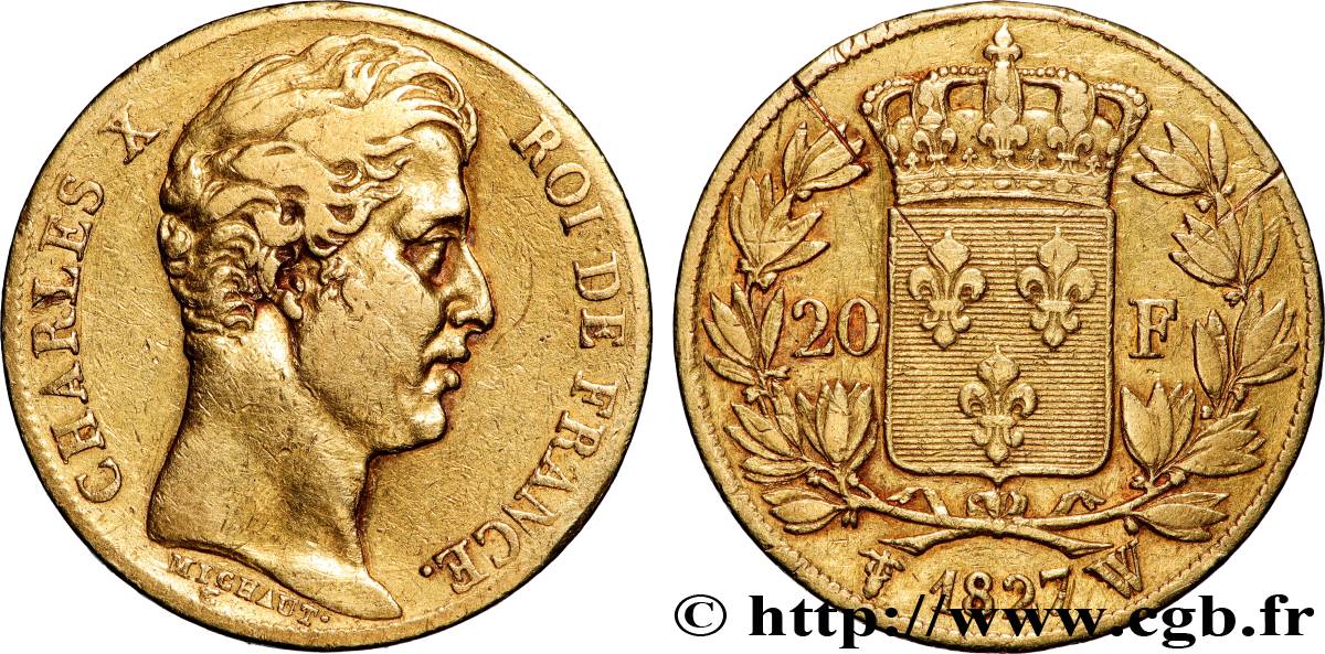 20 francs or Charles X 1827 Lille F.520/7 BC