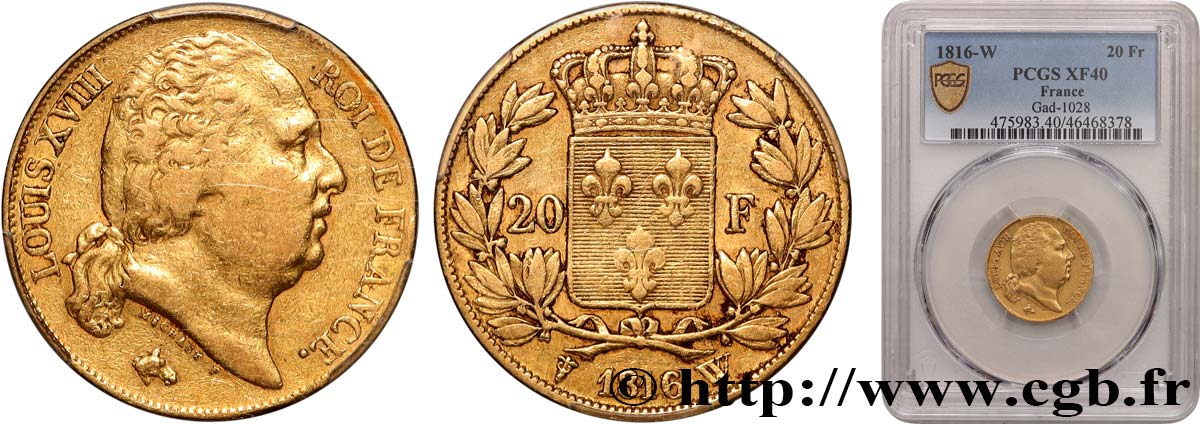 20 francs or Louis XVIII, tête nue 1816 Lille F.519/4 TTB40 PCGS