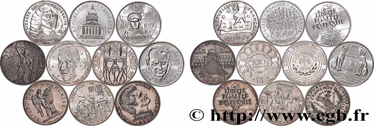 Lot de 10 pièces de 100 francs commémoratives - - F.-/ TTB