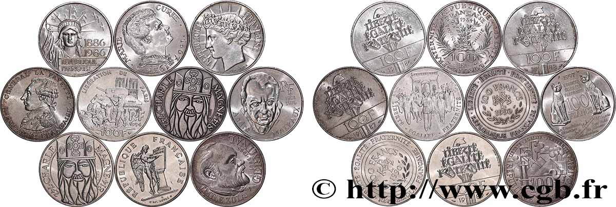Lot de 10 pièces de 100 francs commémoratives - - F.-/ TTB