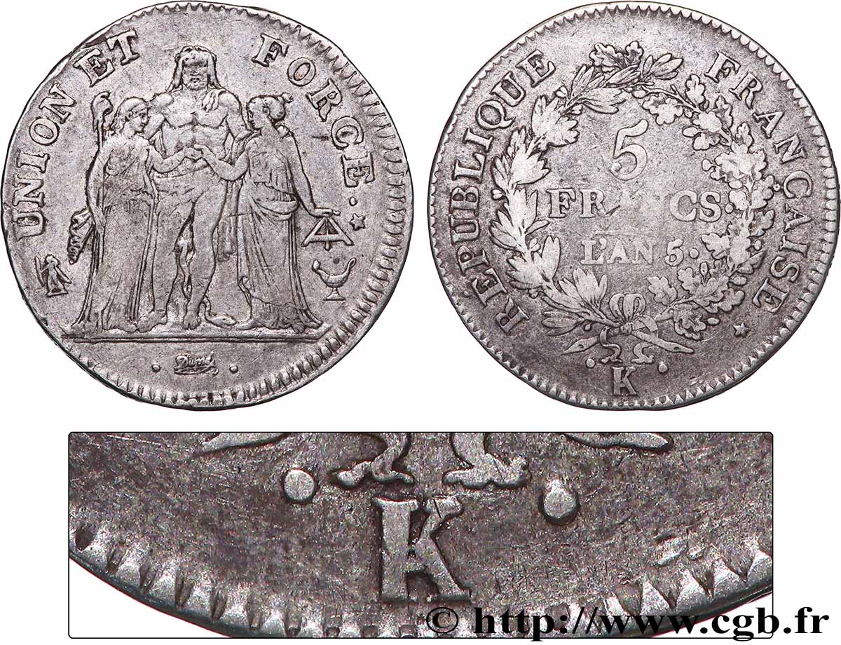 5 francs Union et Force, Union desserré, avec glands intérieurs et gland extérieur 1797 Bordeaux F.291/14 var. TB