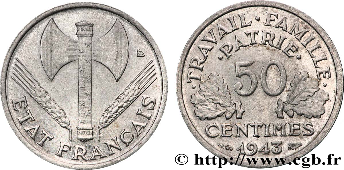 50 centimes Francisque, légère 1943 F.196/2 SUP