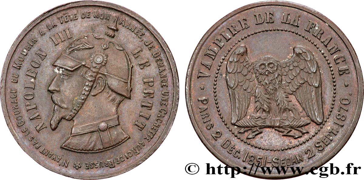 Médaille satirique Cu 32, type C “Chouette monétaire” 1870 s.l. Schw.C2b TTB