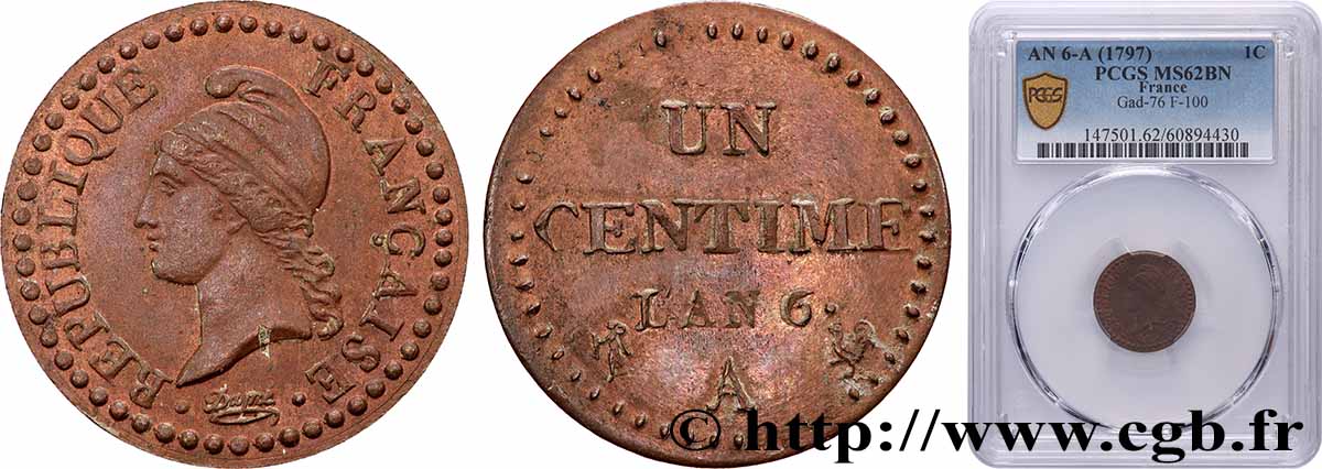 Un centime Dupré, 6 normal 1798 Paris F.100/3 MS62 PCGS