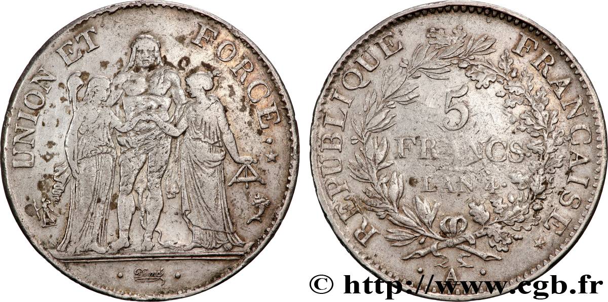 5 francs Union et Force, Union serré, avec glands, listel par virole 1796 Paris F.287/1 TB