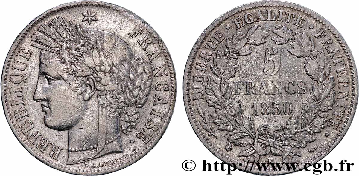 5 francs Cérès, IIe République 1850 Bordeaux F.327/6 TB+
