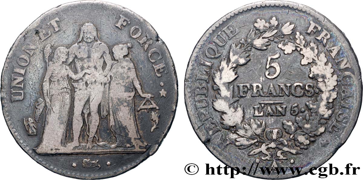 5 francs Union et Force, Union serré, seulement gland extérieur 1797 Paris F.288/8 fS