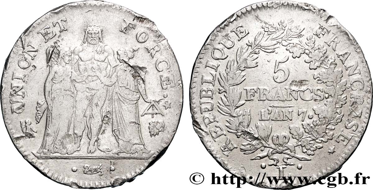 5 francs Union et Force, Union desserré, avec glands intérieurs et gland extérieur 1799 Bayonne F.291/26 fSS