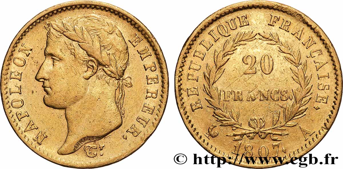 20 francs or Napoléon tête laurée, République française 1807 Paris F.515/1 TTB