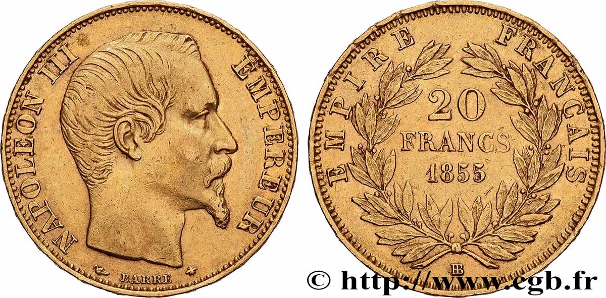20 francs or Napoléon III, tête nue, chien/abeille 1855 Strasbourg F.531/5 XF