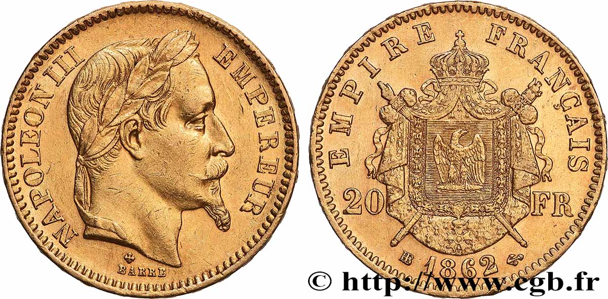 20 francs or Napoléon III, tête laurée 1862 Strasbourg F.532/5 AU