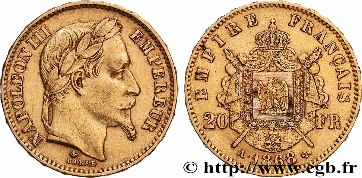 20 francs or Napoléon III, tête laurée 1868 Paris F.532/18 TTB