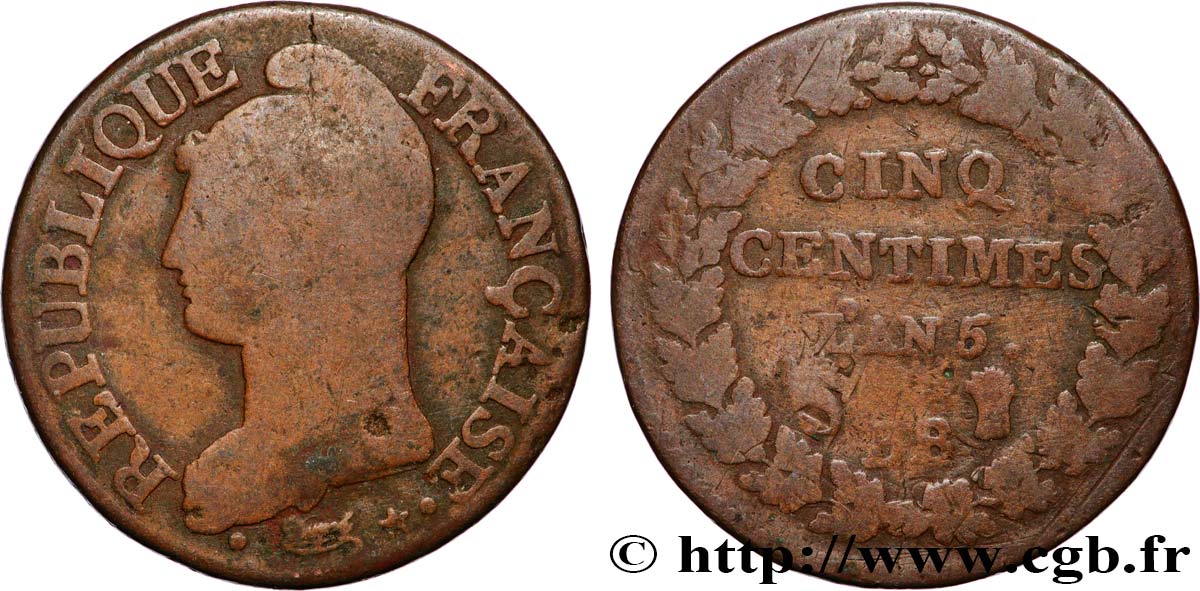 Cinq centimes Dupré, grand module, “refrappage du décime” 1797 Strasbourg F.114/6 VF