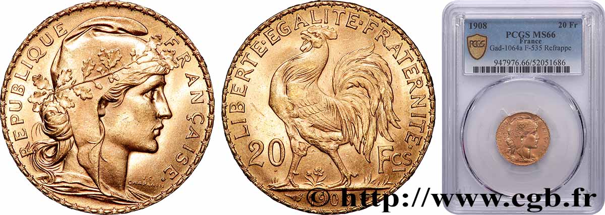 20 francs or Coq, Liberté Égalité Fraternité 1908 Paris F.535/2 FDC66 PCGS
